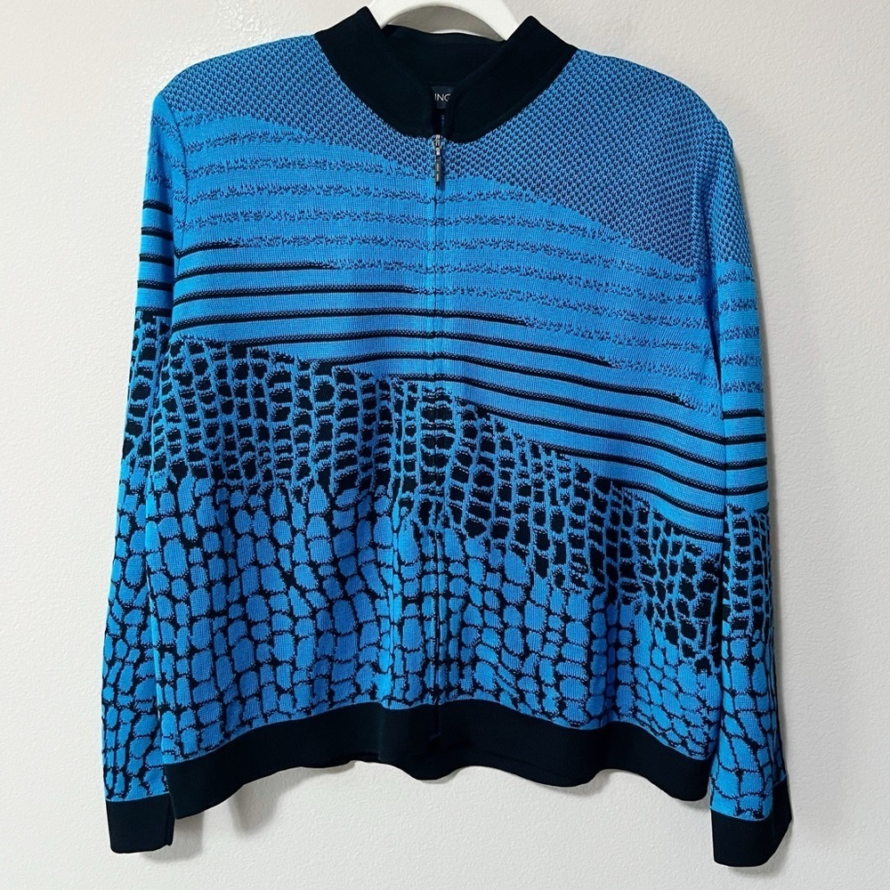 Ming Wang Blue Black Textured Zip Cardigan Sweater Jacket Size Petite Large